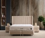 Pat tapitat Tokyo cu linii verticale somiera metalica si depozitare