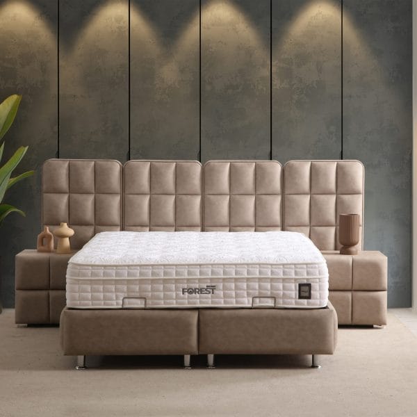 Pat tapitat Tesla cu tablie matlasata geometric somiera metalica si depozitare