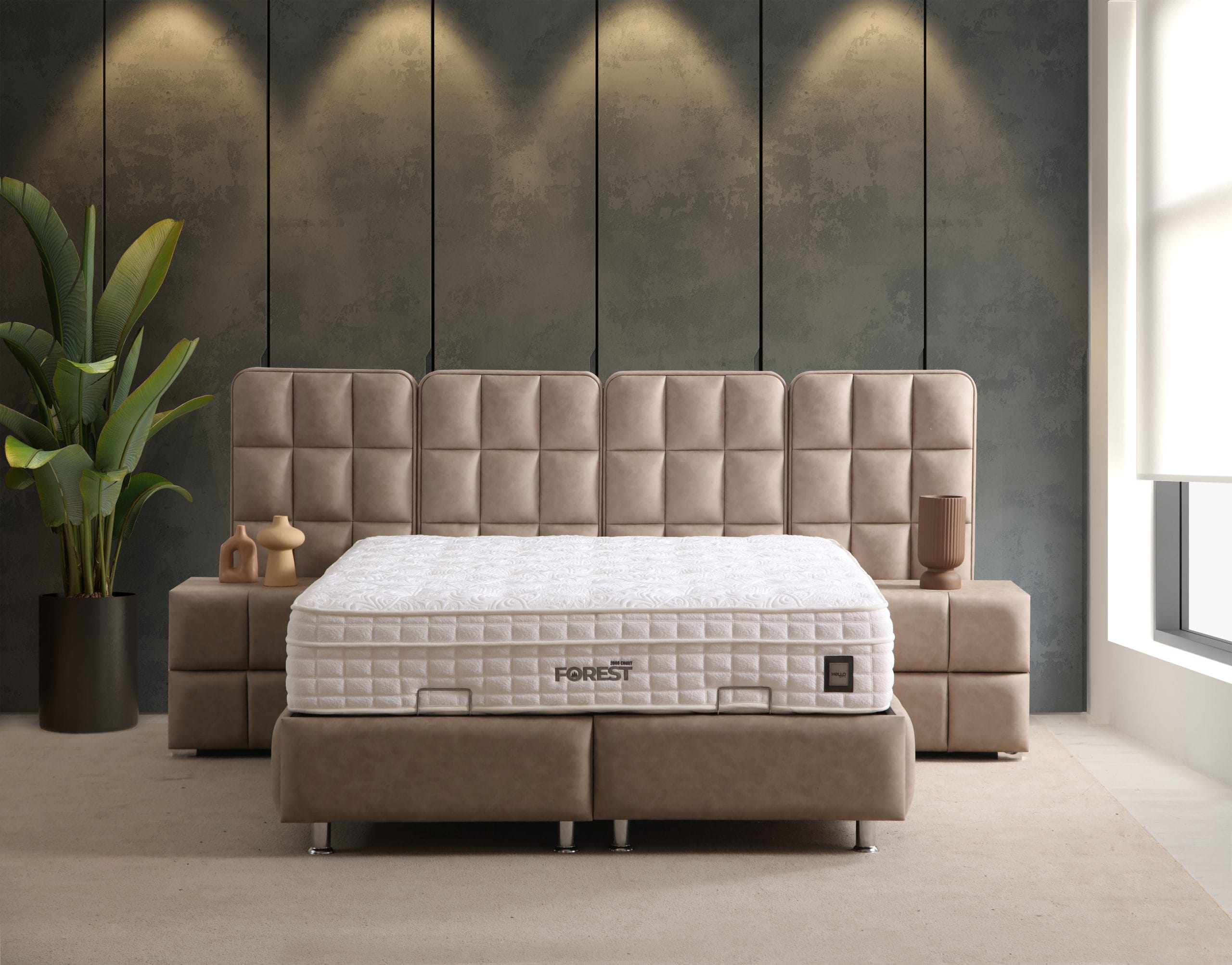 Pat tapitat Tesla cu tablie matlasata geometric somiera metalica si depozitare