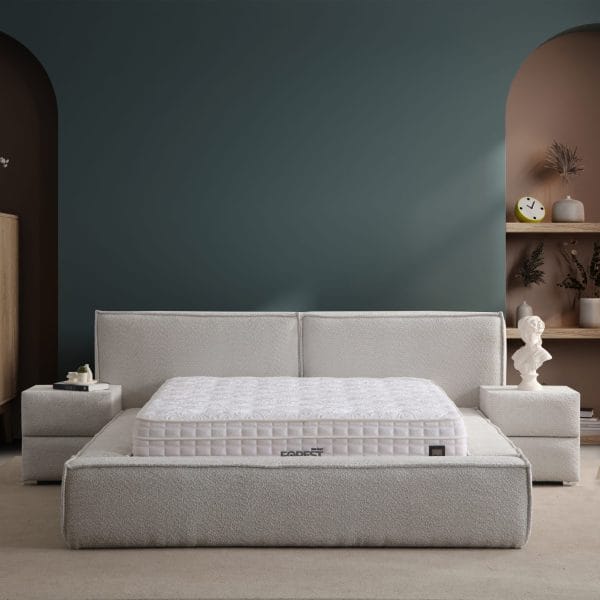 Pat tapitat Max Royal cu panouri verticale somiera metalica si depozitare