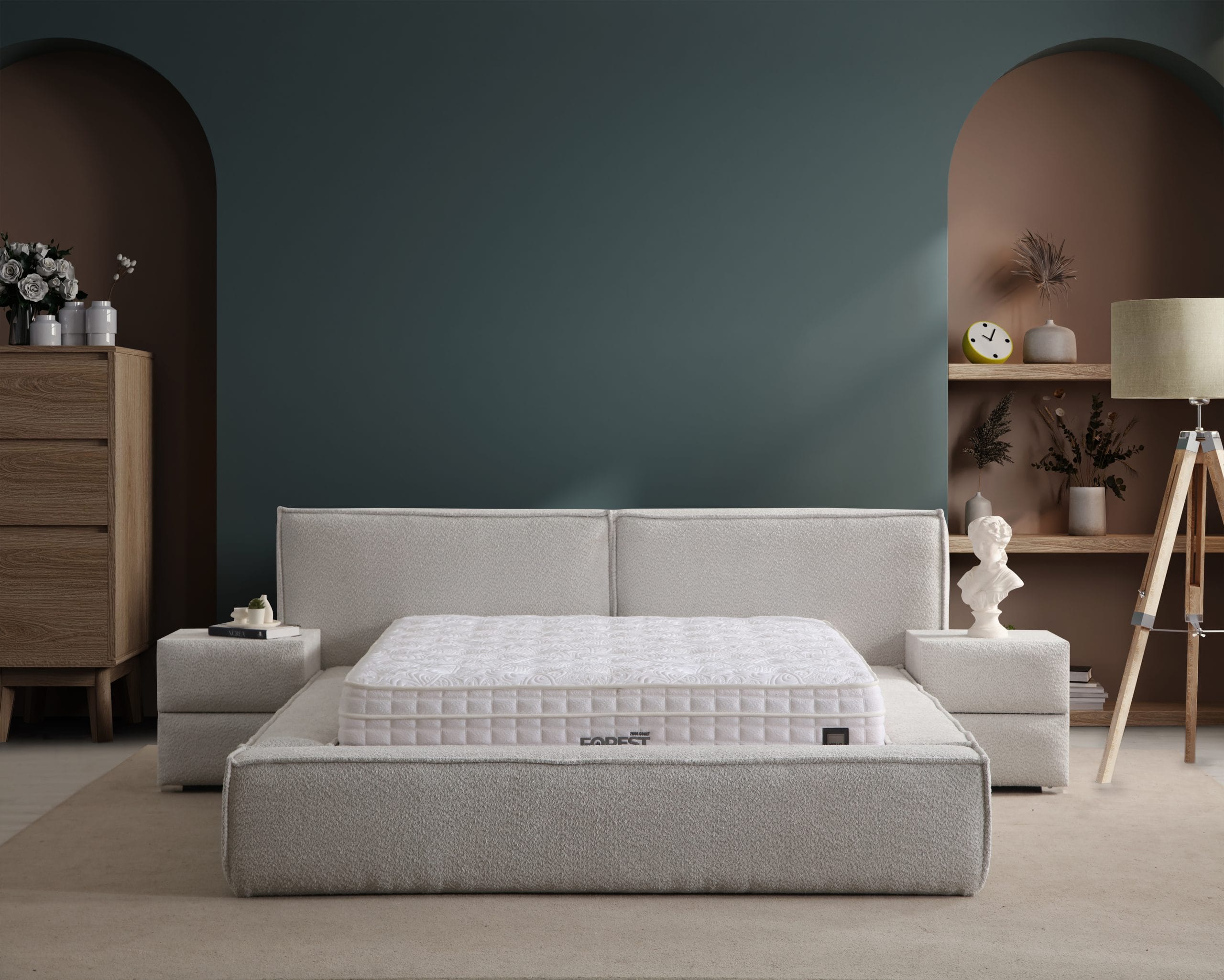 Pat tapitat Max Royal cu panouri verticale somiera metalica si depozitare