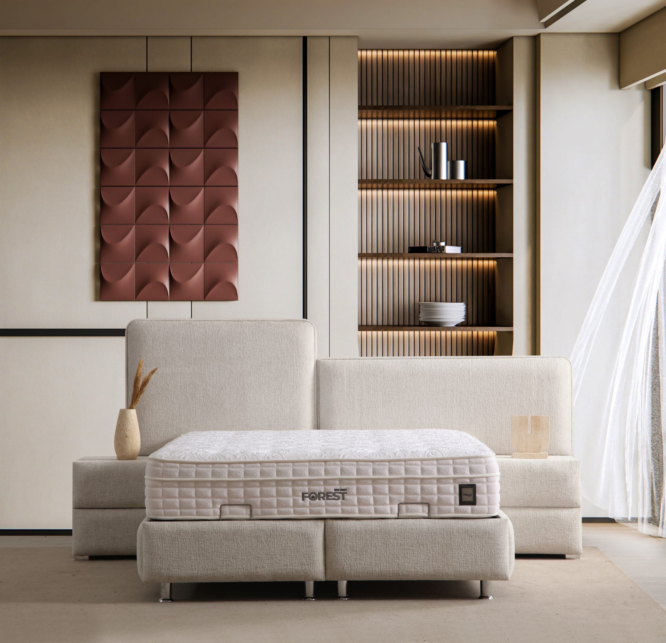 Pat tapitat Oliv cu tablie rotunjita somiera metalica si depozitare