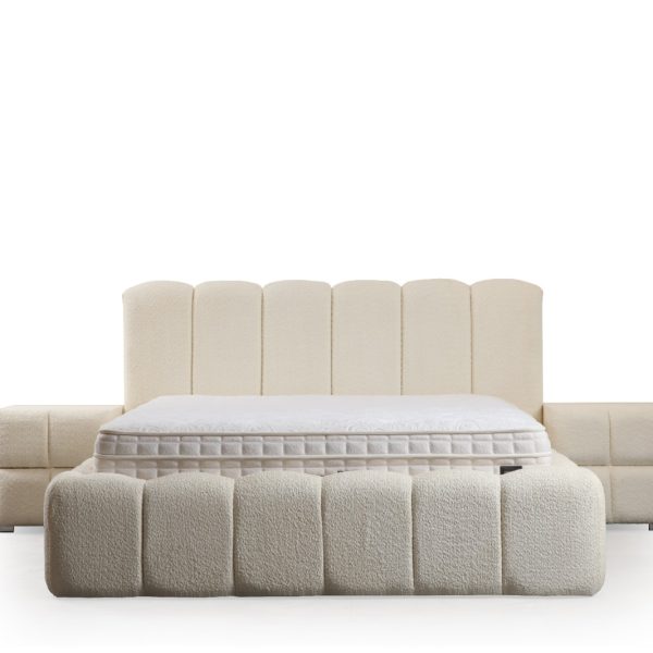 Pat tapitat Alya design scoica Art Deco cu somiera metalica si depozitare