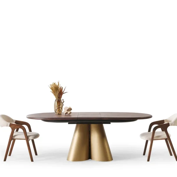 Masa Dining Extensibilă MANGO – Design Oval, Blat Nuc, Bază MDF Auriu