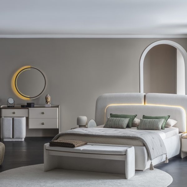 Set complet dormitor MONACO cu pat tapitat, dressing modular si comoda make-up