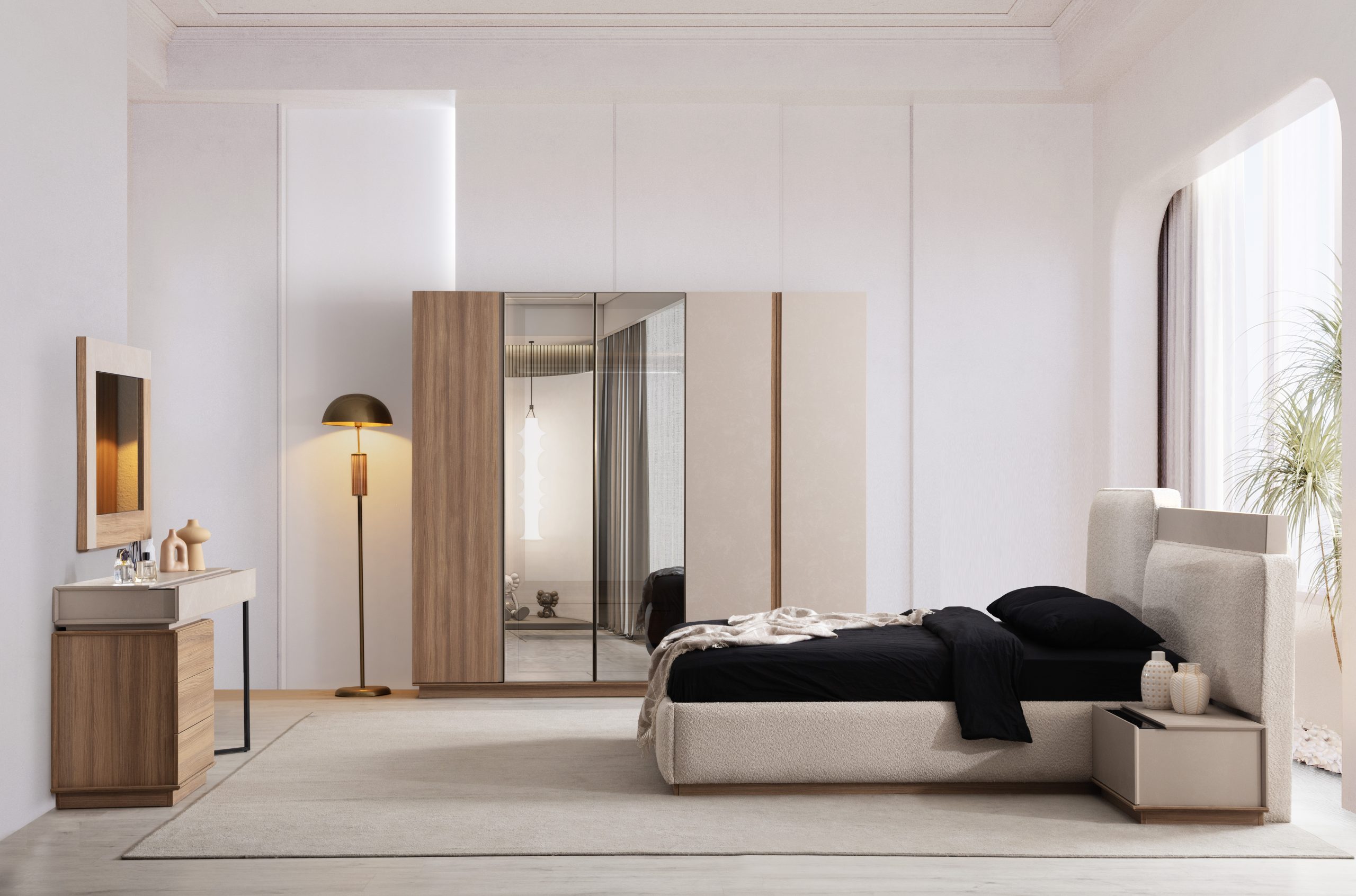 Set dormitor Olivia cu pat tapitat dressing si comoda toaleta