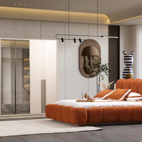 Set dormitor Pablo complet cu pat geometric dressing si comoda makeup cu puf