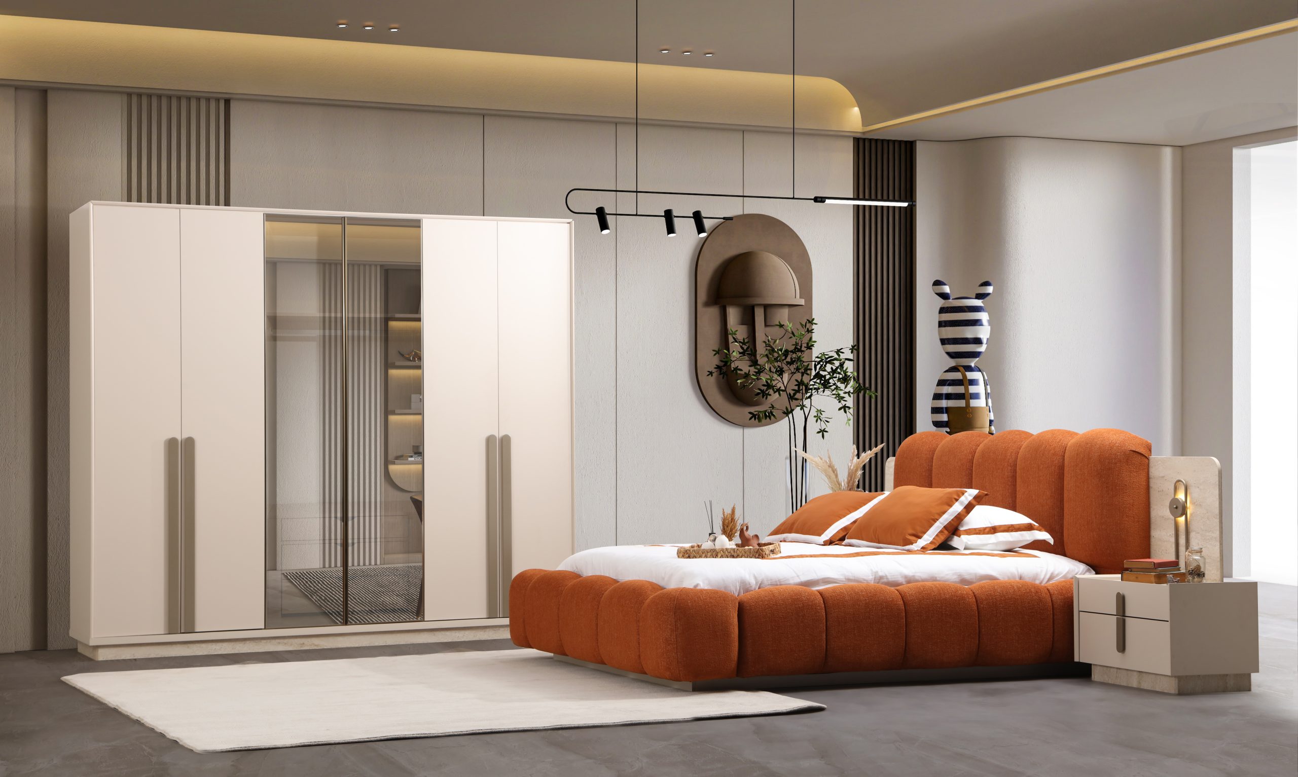 Set dormitor Pablo complet cu pat geometric dressing si comoda makeup cu puf