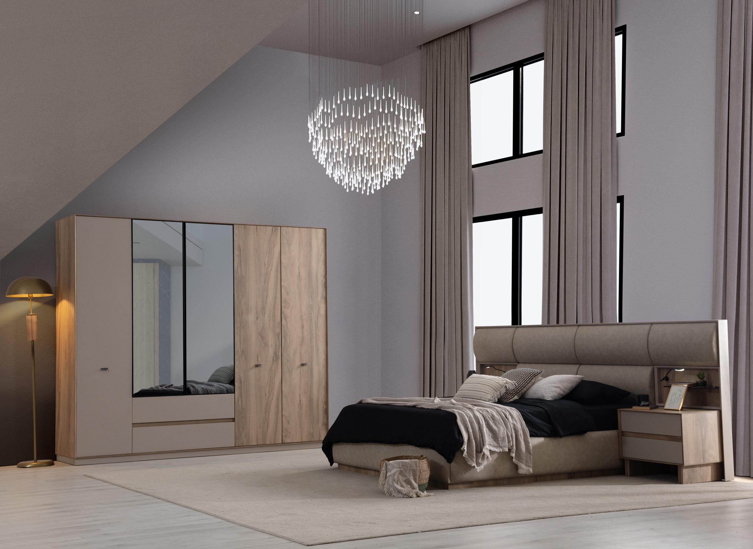 Set dormitor complet Osso cu pat LED dressing si comoda makeup