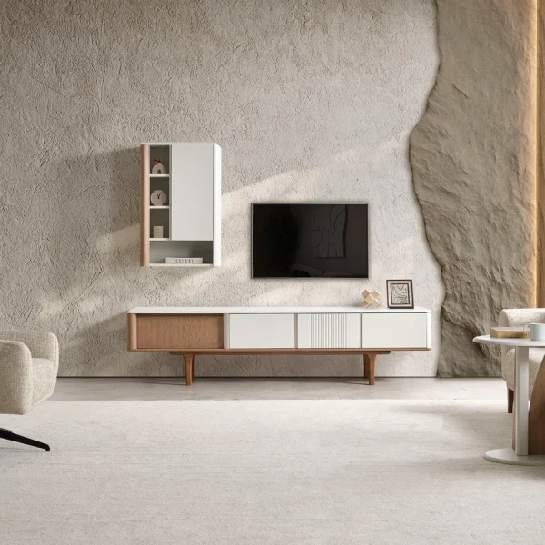 Comoda TV Latte 220 cm cu fronturi riflate si design modern
