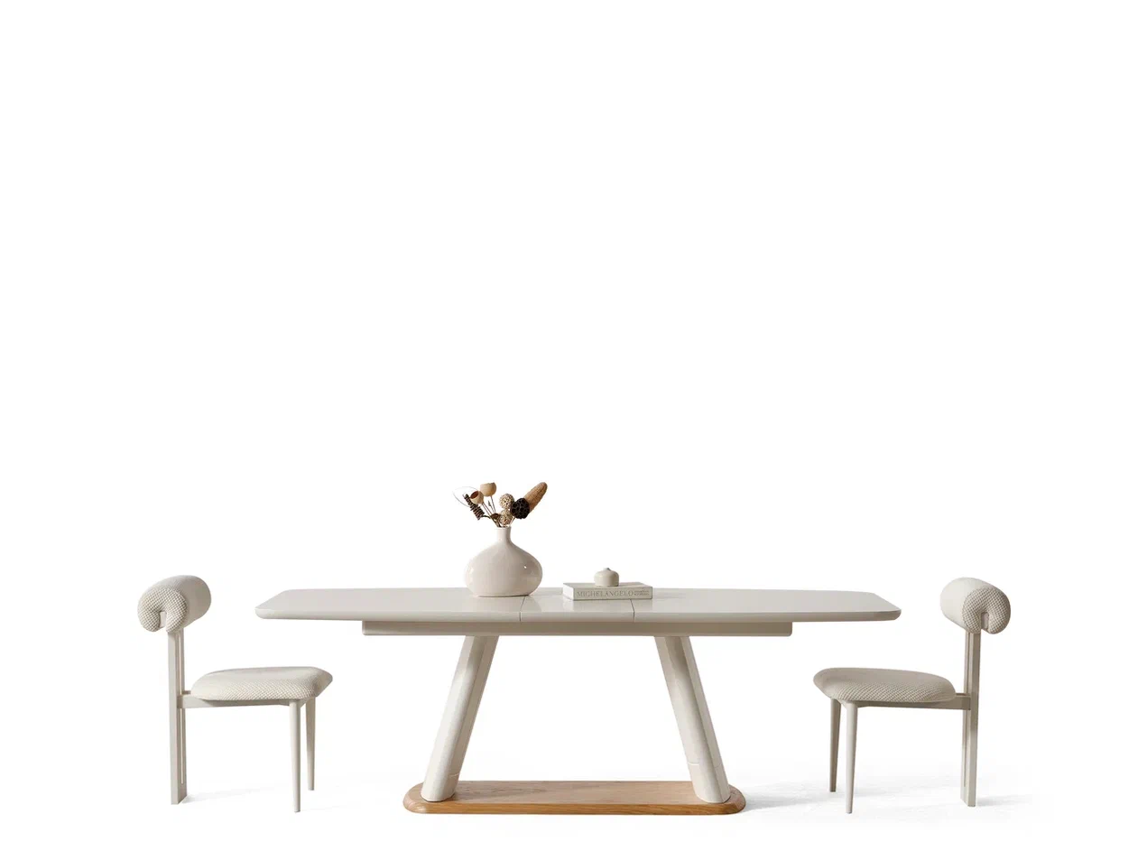 Masă Extensibilă Bold – Design Sculptural Crem, MDF Vopsit și Bază cu Accent Lemn 14