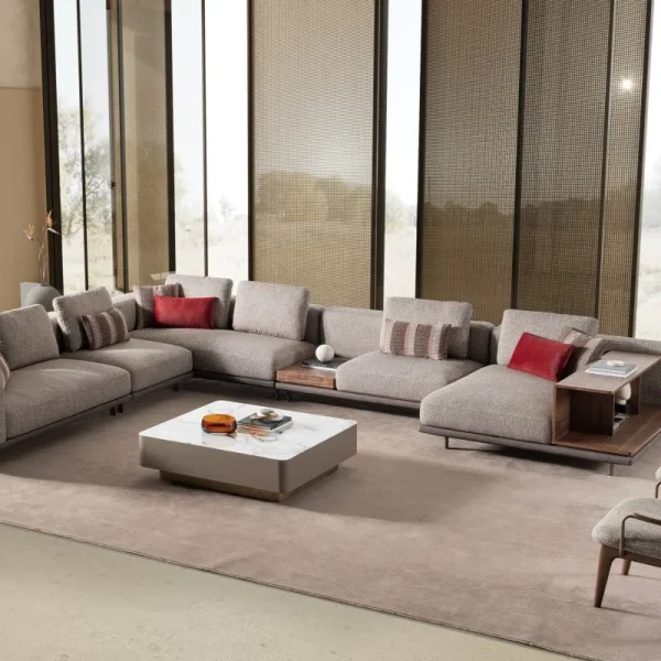 Canapea modulara Harmony tapițerie texturată bază piele și detalii nuc integrate flexibilă