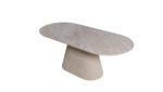 Masa dining ovală BRUN cu blat aspect marmură și bază sculpturală canelată bej.