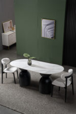 Masă Dining Ovală SILEX – Blat cu Print Digital și Bază Sculpturală din Lemn 5