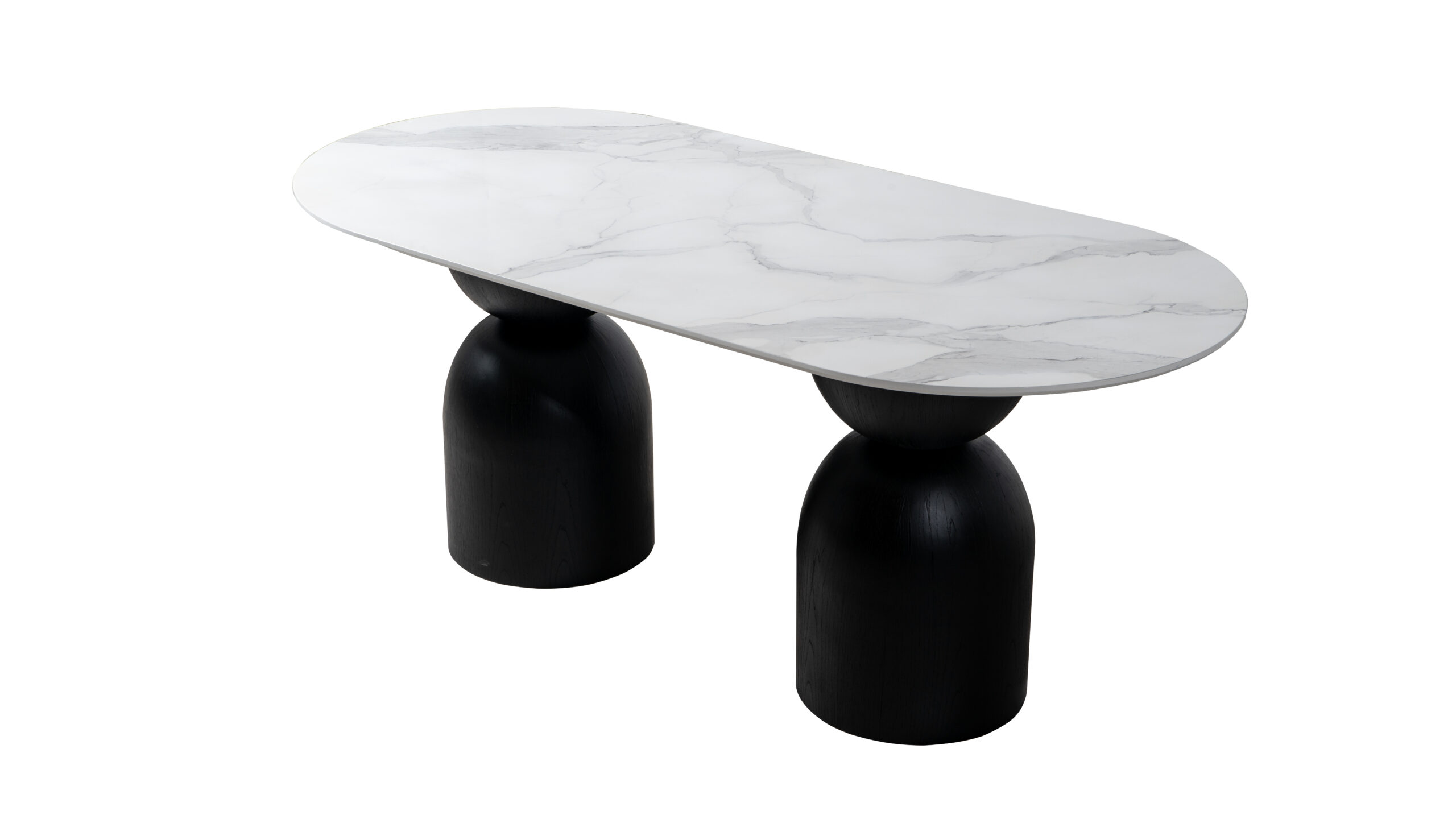 Masă de dining ovală SILEX cu blat alb aspect marmură și picioare centrale negre din lemn în decor de lux.