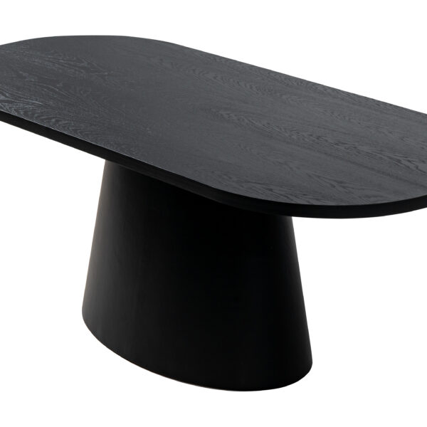 Masă de dining ovală ORBIX neagră cu blat din furnir de lemn și bază centrală tronconică modernă