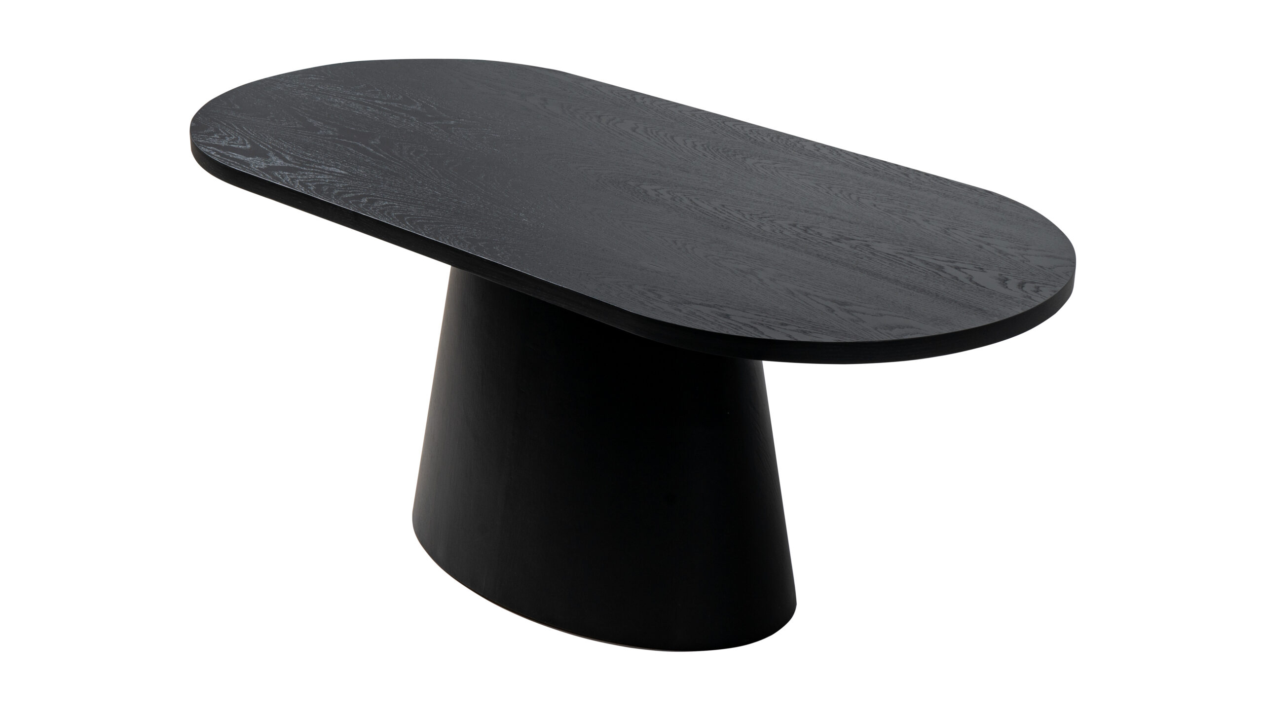 Masă de dining ovală ORBIX neagră cu blat din furnir de lemn și bază centrală tronconică modernă