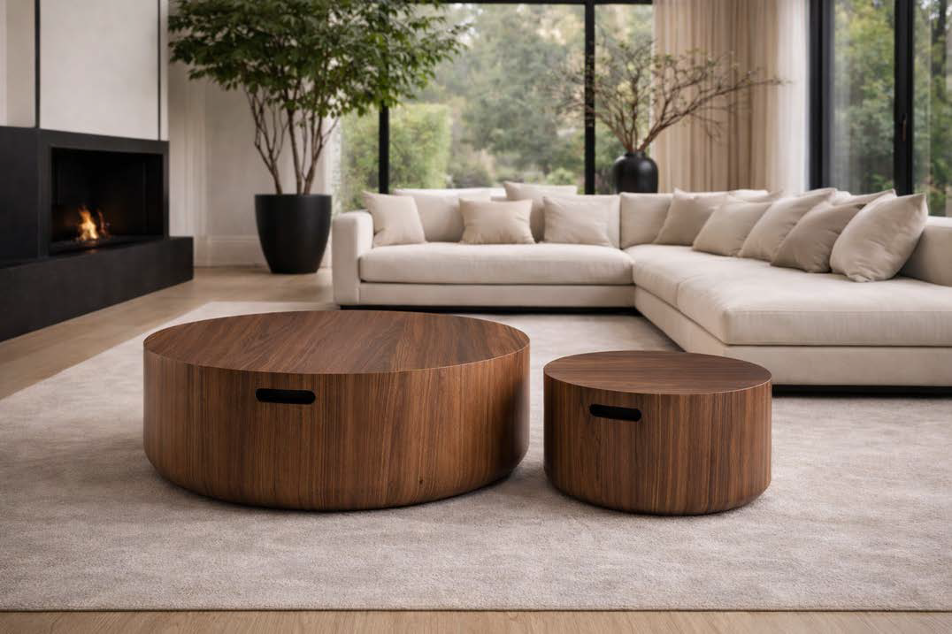 Set Măsuțe de Cafea MONO – Design Circular Duo placat cu Furnir de Lemn Premium